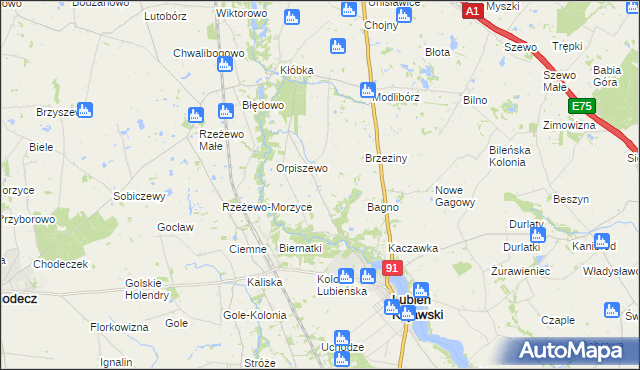 mapa Krzewie gmina Lubień Kujawski, Krzewie gmina Lubień Kujawski na mapie Targeo