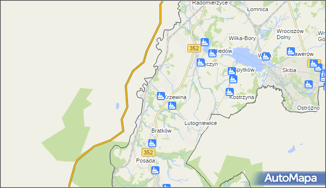 mapa Krzewina gmina Bogatynia, Krzewina gmina Bogatynia na mapie Targeo