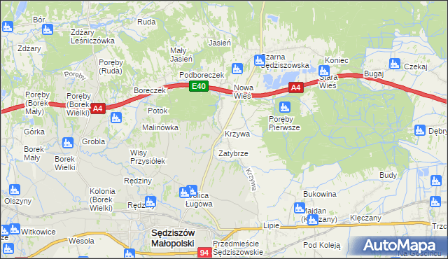 mapa Krzywa gmina Sędziszów Małopolski, Krzywa gmina Sędziszów Małopolski na mapie Targeo