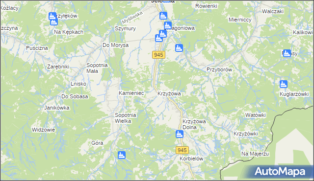 mapa Krzyżowa gmina Jeleśnia, Krzyżowa gmina Jeleśnia na mapie Targeo