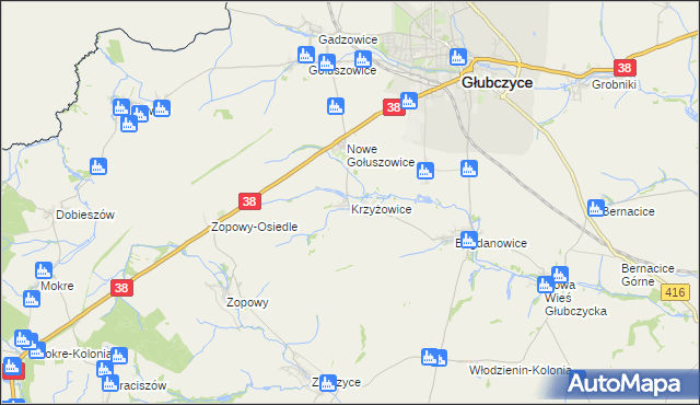 mapa Krzyżowice gmina Głubczyce, Krzyżowice gmina Głubczyce na mapie Targeo