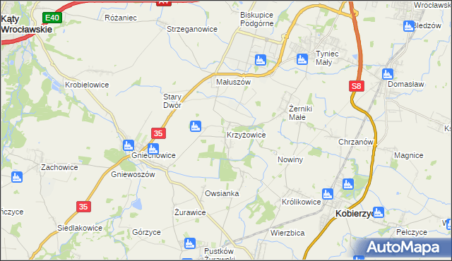 mapa Krzyżowice gmina Kobierzyce, Krzyżowice gmina Kobierzyce na mapie Targeo