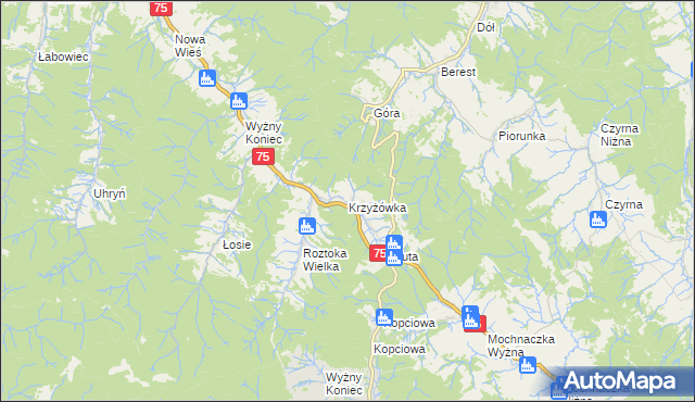 mapa Krzyżówka gmina Łabowa, Krzyżówka gmina Łabowa na mapie Targeo