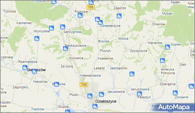 mapa Ksawerów gmina Działoszyce, Ksawerów gmina Działoszyce na mapie Targeo