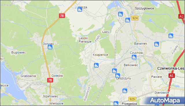 mapa Książenice gmina Czerwionka-Leszczyny, Książenice gmina Czerwionka-Leszczyny na mapie Targeo
