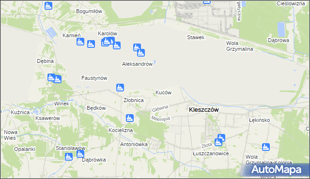 mapa Kuców gmina Kleszczów, Kuców gmina Kleszczów na mapie Targeo