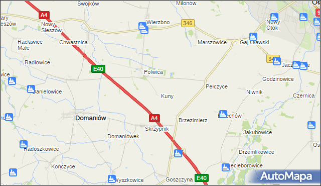 mapa Kuny gmina Domaniów, Kuny gmina Domaniów na mapie Targeo