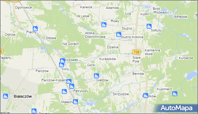 mapa Kuraszków gmina Białaczów, Kuraszków gmina Białaczów na mapie Targeo