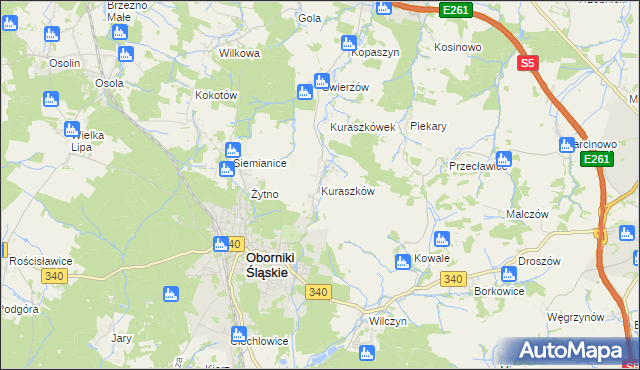 mapa Kuraszków gmina Oborniki Śląskie, Kuraszków gmina Oborniki Śląskie na mapie Targeo