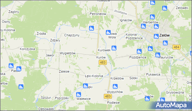 mapa Kurów gmina Zelów, Kurów gmina Zelów na mapie Targeo