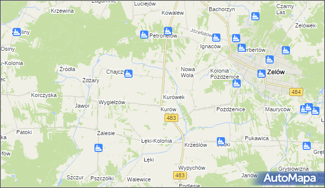 mapa Kurówek gmina Zelów, Kurówek gmina Zelów na mapie Targeo