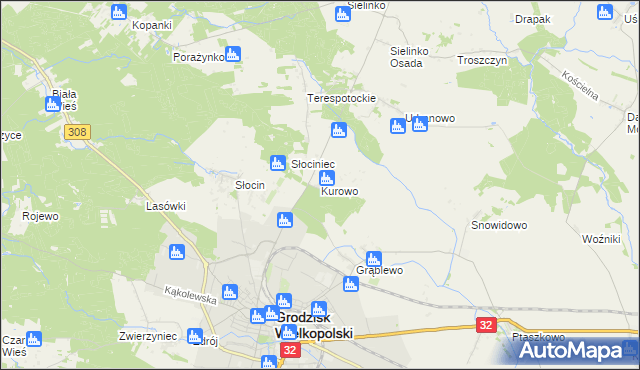 mapa Kurowo gmina Grodzisk Wielkopolski, Kurowo gmina Grodzisk Wielkopolski na mapie Targeo