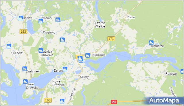 mapa Kuszewo gmina Czaplinek, Kuszewo gmina Czaplinek na mapie Targeo