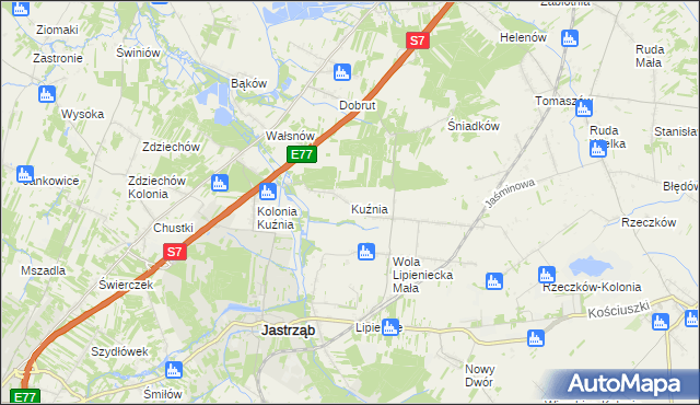 mapa Kuźnia gmina Jastrząb, Kuźnia gmina Jastrząb na mapie Targeo