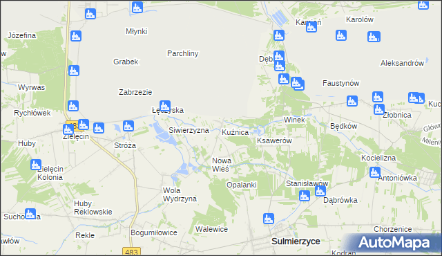 mapa Kuźnica gmina Sulmierzyce, Kuźnica gmina Sulmierzyce na mapie Targeo