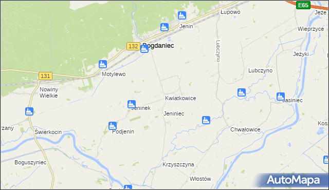 mapa Kwiatkowice gmina Bogdaniec, Kwiatkowice gmina Bogdaniec na mapie Targeo