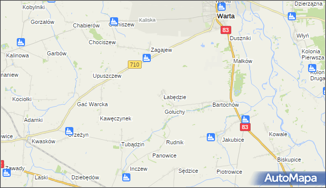mapa Łabędzie gmina Warta, Łabędzie gmina Warta na mapie Targeo