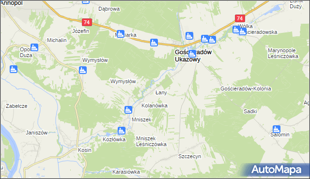 mapa Łany gmina Gościeradów, Łany gmina Gościeradów na mapie Targeo