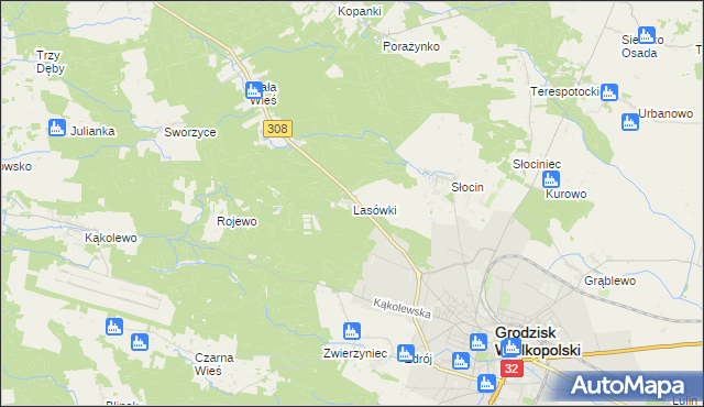 mapa Lasówki gmina Grodzisk Wielkopolski, Lasówki gmina Grodzisk Wielkopolski na mapie Targeo