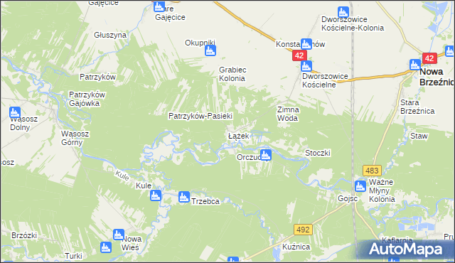mapa Łążek gmina Nowa Brzeźnica, Łążek gmina Nowa Brzeźnica na mapie Targeo