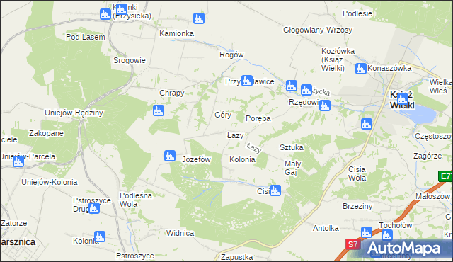 mapa Łazy gmina Książ Wielki, Łazy gmina Książ Wielki na mapie Targeo