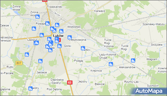 mapa Łazy gmina Łuków, Łazy gmina Łuków na mapie Targeo