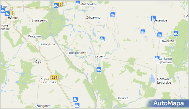 mapa Łebień gmina Nowa Wieś Lęborska, Łebień gmina Nowa Wieś Lęborska na mapie Targeo