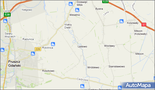 mapa Lędowo gmina Pruszcz Gdański, Lędowo gmina Pruszcz Gdański na mapie Targeo