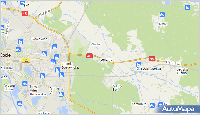 mapa Lędziny gmina Chrząstowice, Lędziny gmina Chrząstowice na mapie Targeo