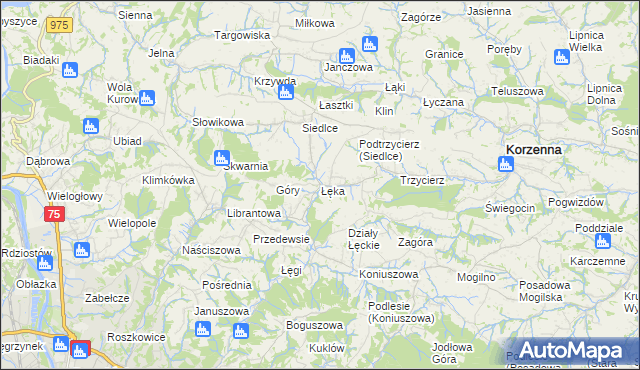 mapa Łęka gmina Korzenna, Łęka gmina Korzenna na mapie Targeo