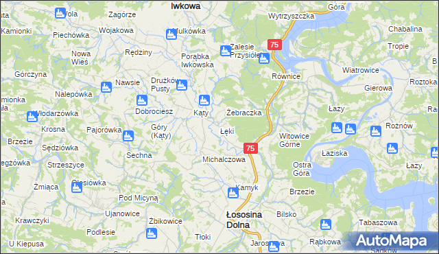 mapa Łęki gmina Łososina Dolna, Łęki gmina Łososina Dolna na mapie Targeo