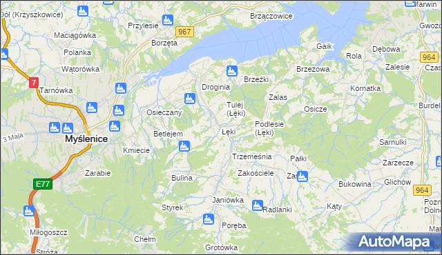 mapa Łęki gmina Myślenice, Łęki gmina Myślenice na mapie Targeo