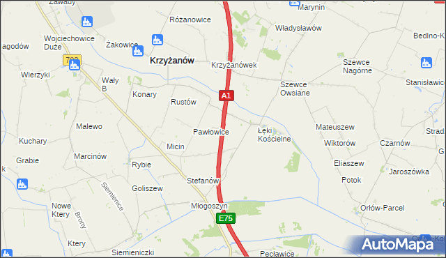 mapa Łęki Górne gmina Krzyżanów, Łęki Górne gmina Krzyżanów na mapie Targeo