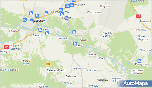 mapa Lelity gmina Popów, Lelity gmina Popów na mapie Targeo