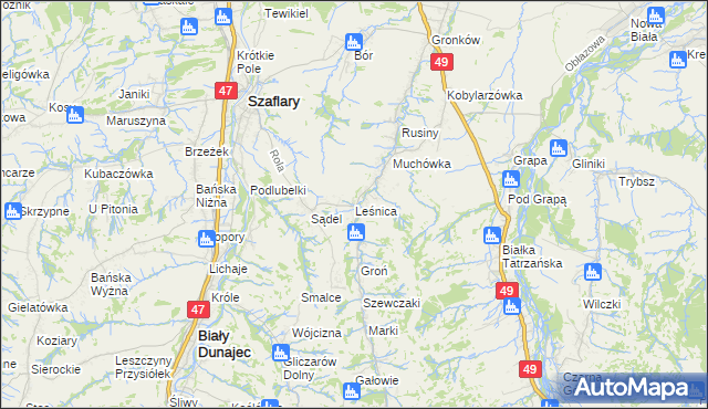 mapa Leśnica gmina Bukowina Tatrzańska, Leśnica gmina Bukowina Tatrzańska na mapie Targeo