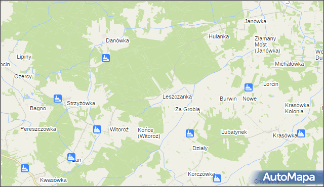 mapa Leszczanka gmina Drelów, Leszczanka gmina Drelów na mapie Targeo