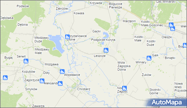 mapa Leszcze gmina Pińczów, Leszcze gmina Pińczów na mapie Targeo