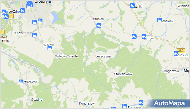 mapa Leszczyna gmina Złotoryja, Leszczyna gmina Złotoryja na mapie Targeo