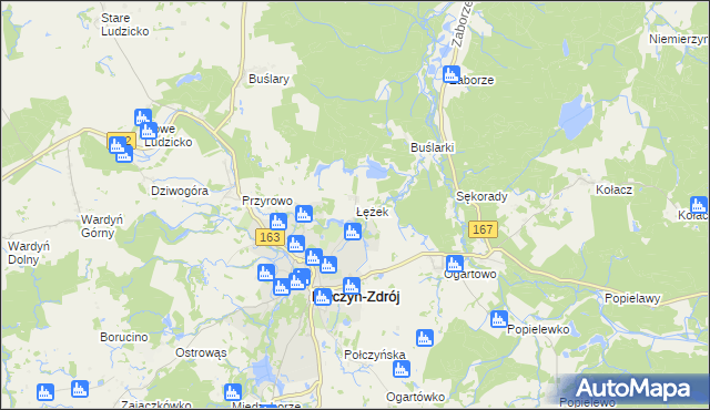 mapa Łężek gmina Połczyn-Zdrój, Łężek gmina Połczyn-Zdrój na mapie Targeo