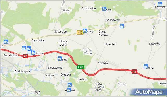 mapa Ligota Górna gmina Strzelce Opolskie, Ligota Górna gmina Strzelce Opolskie na mapie Targeo