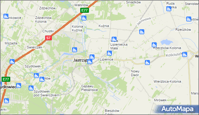 mapa Lipienice gmina Jastrząb, Lipienice gmina Jastrząb na mapie Targeo