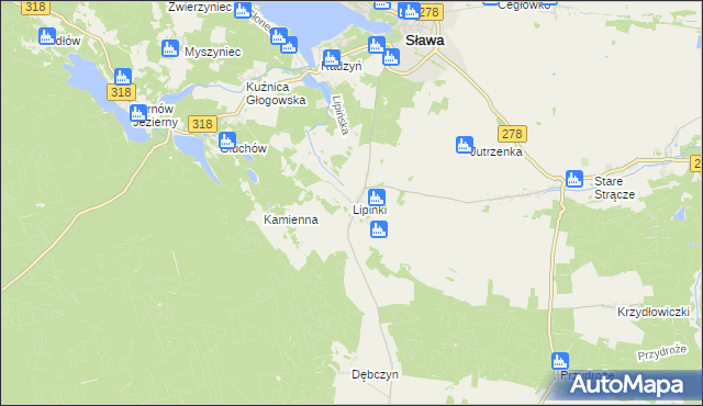 mapa Lipinki gmina Sława, Lipinki gmina Sława na mapie Targeo
