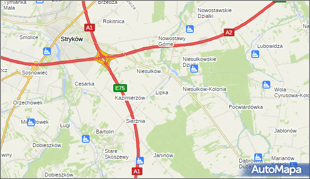 mapa Lipka gmina Stryków, Lipka gmina Stryków na mapie Targeo