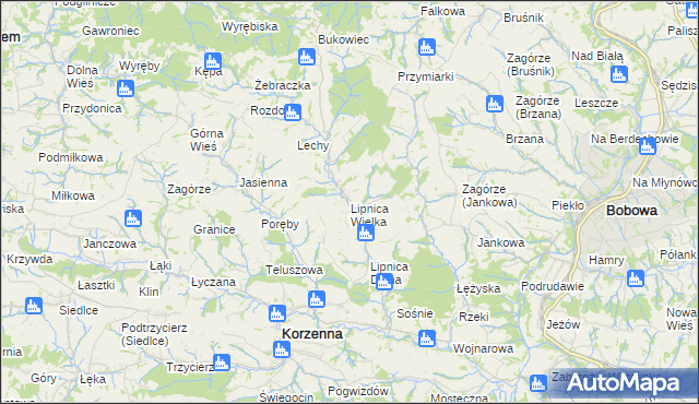 mapa Lipnica Wielka gmina Korzenna, Lipnica Wielka gmina Korzenna na mapie Targeo