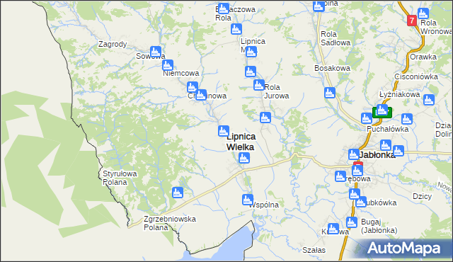 mapa Lipnica Wielka powiat nowotarski, Lipnica Wielka powiat nowotarski na mapie Targeo