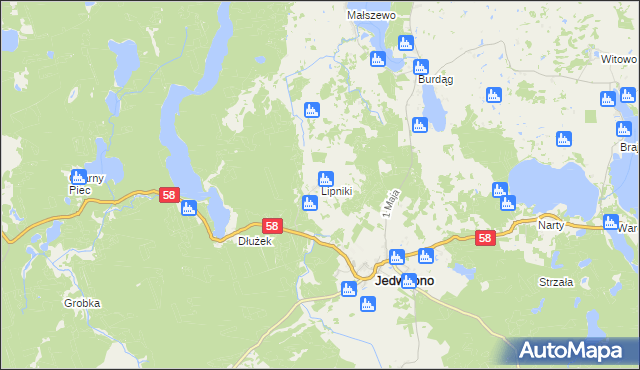 mapa Lipniki gmina Jedwabno, Lipniki gmina Jedwabno na mapie Targeo