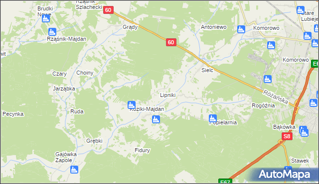 mapa Lipniki gmina Ostrów Mazowiecka, Lipniki gmina Ostrów Mazowiecka na mapie Targeo