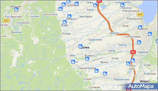 mapa Lipowa powiat żywiecki, Lipowa powiat żywiecki na mapie Targeo