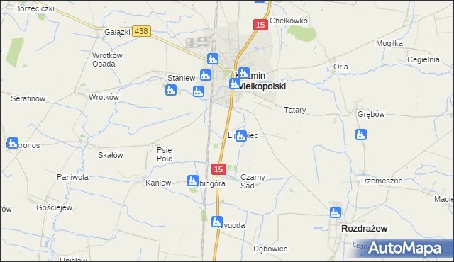 mapa Lipowiec gmina Koźmin Wielkopolski, Lipowiec gmina Koźmin Wielkopolski na mapie Targeo