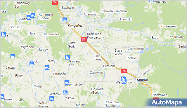 mapa Lisie Jamy gmina Mniów, Lisie Jamy gmina Mniów na mapie Targeo